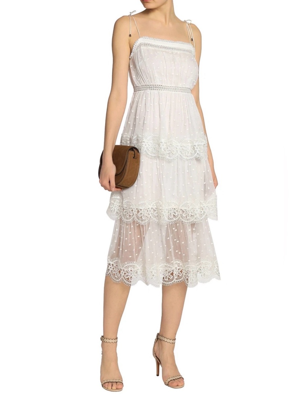 ZIMMERMANN Silk Lace Midi Dress Tiered Ivory 0 Floral Cut Out Sleeveless Bridal